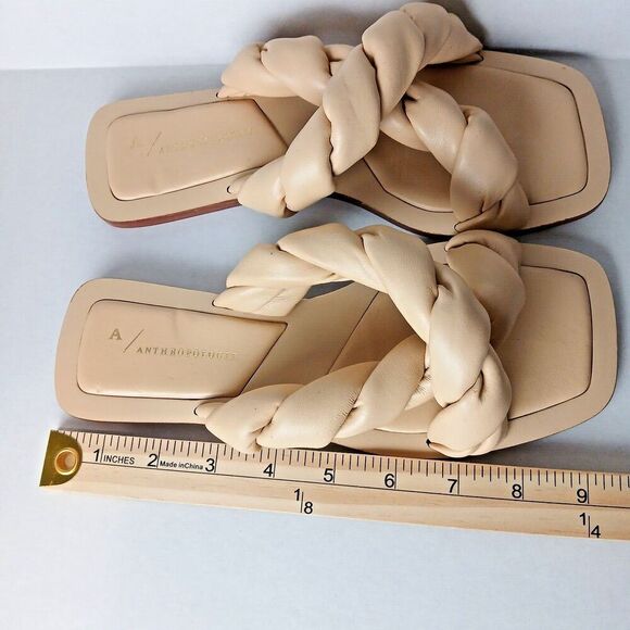 Anthropologie Twisted Puffed Slides Sandles Tan Square Toe Leather SZ 6M - Picture 5 of 7